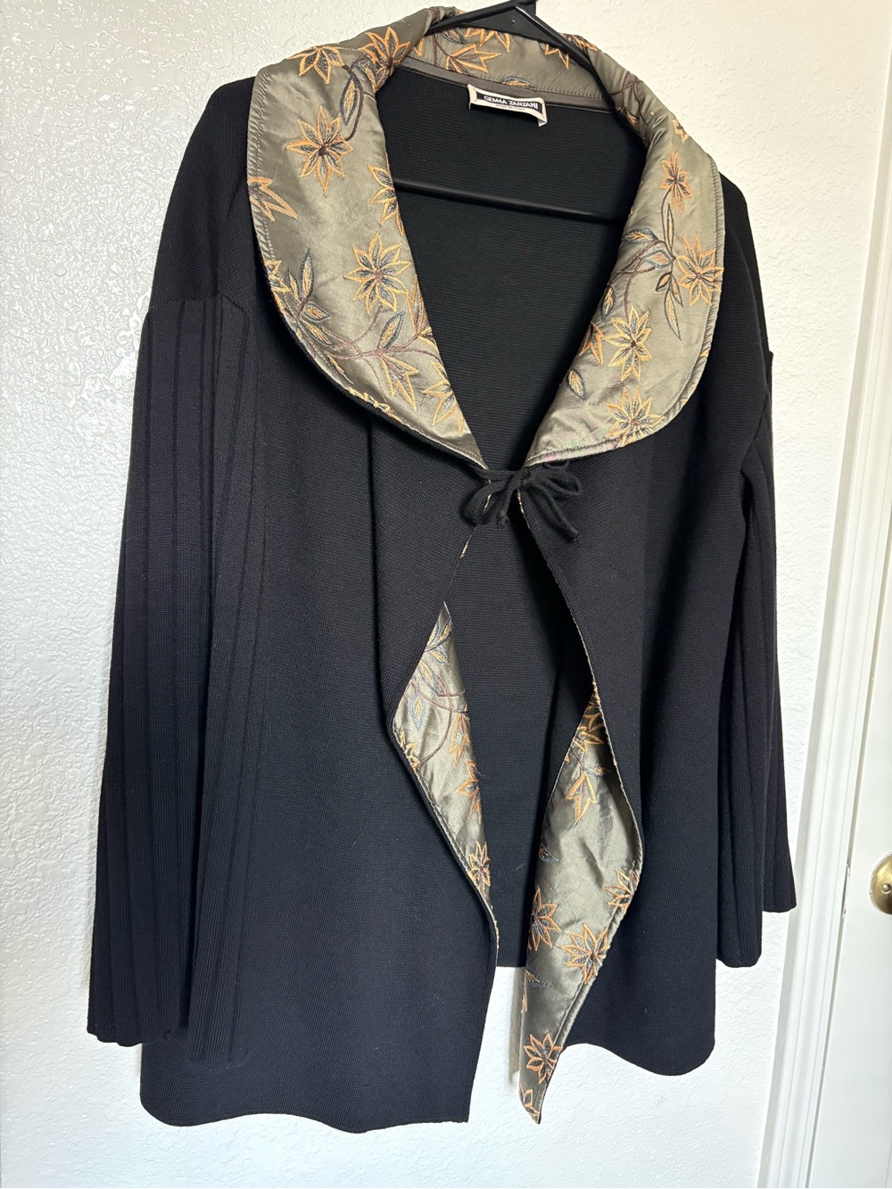 Vintage Black Drapey Cardigan with Embroidered Satin Collar